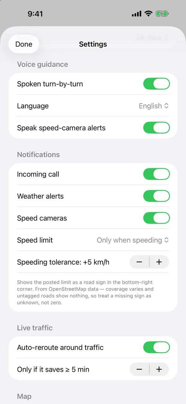 Voice, alerts and traffic settings